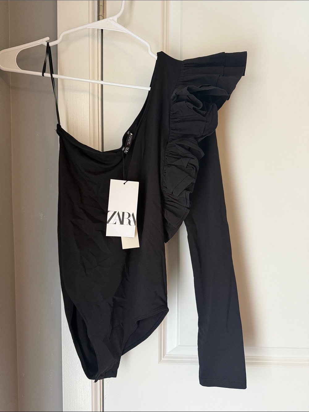 Zara Black One-Shoulder Ruffle Bodysuit